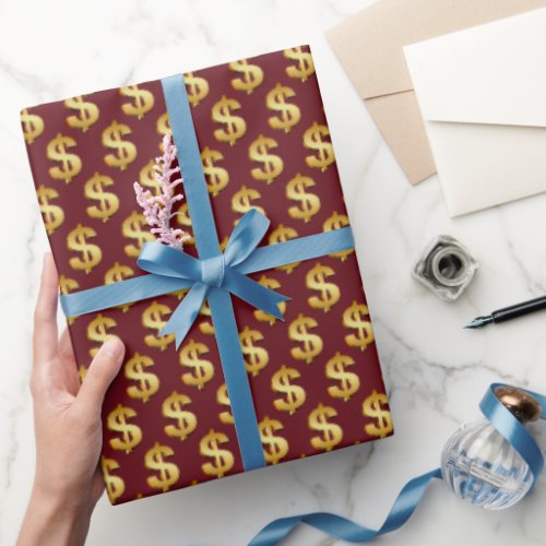 Gold Dollar Signs On Maroon Wrapping Paper