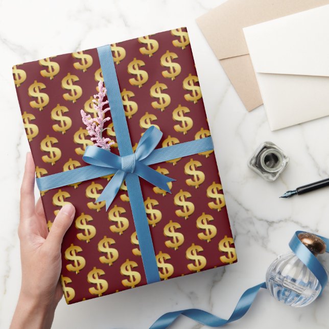 Gold Dollar Signs On Maroon Wrapping Paper (Gifting)