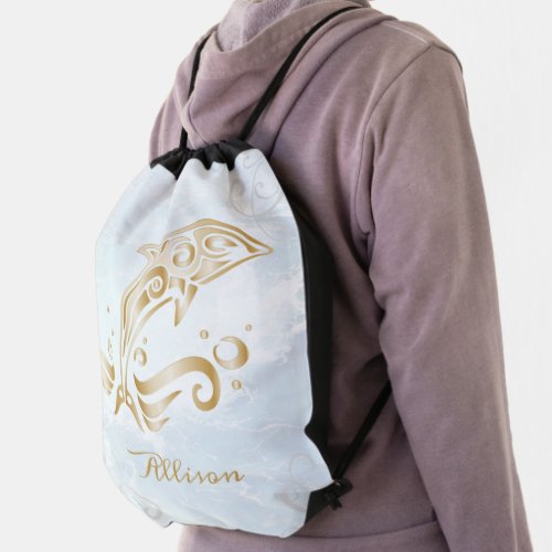 Gold Dolphin Personalized Drawstring Bag