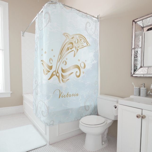 Gold Dolphin Personalized Shower Curtain (In Situ)