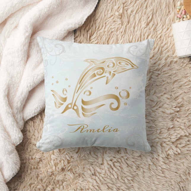 Gold Dolphin Personalized Throw Pillow (Blanket)