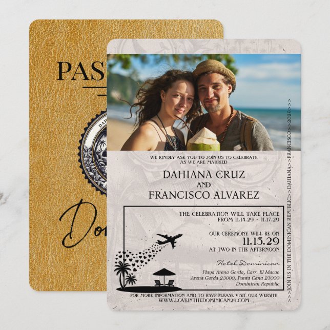 Gold Dominican Republic Passport Wedding Invitation (Front/Back)