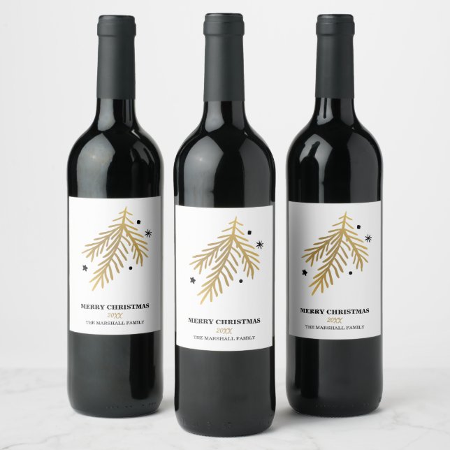 Gold doodle pine branch christmas holidays wine label (Bottles)