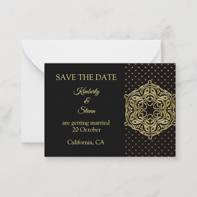 Gold Dot Pattern And Mandala Save The Date Note Card (Front)