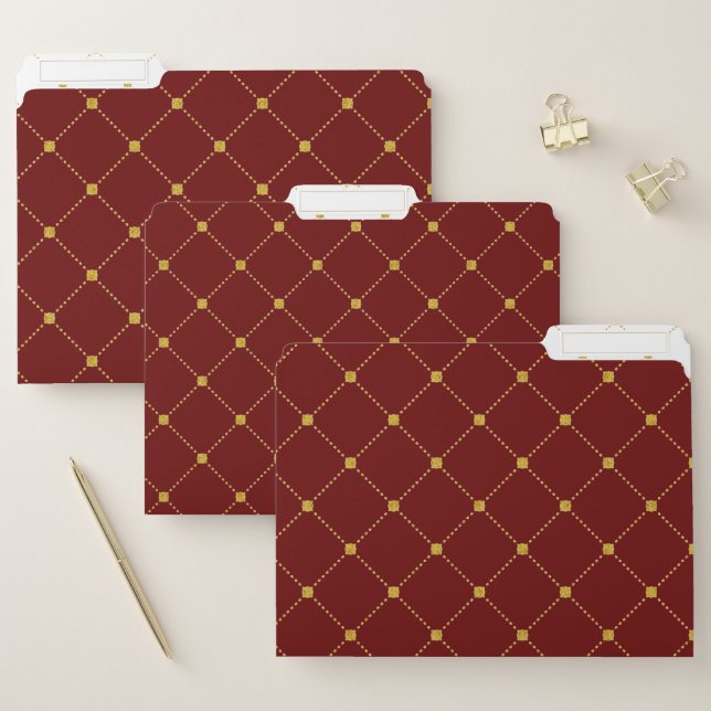 Gold dots and lines geometric pattern on red file folder (Set)