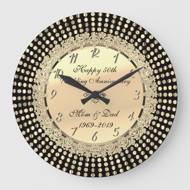 Gold Dots,Black 50th Wedding Anniversary Large Clock (Front)