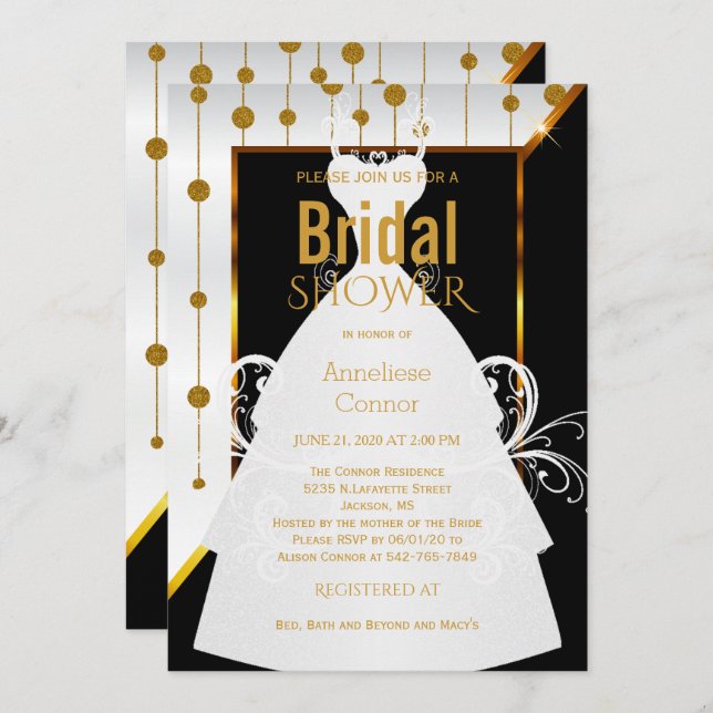 Gold Dots, Black and White Bridal Invitation (Front/Back)