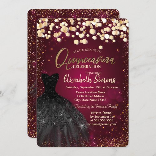 Gold DotsBlack Dress Burgundy Quinceaera  Invitation