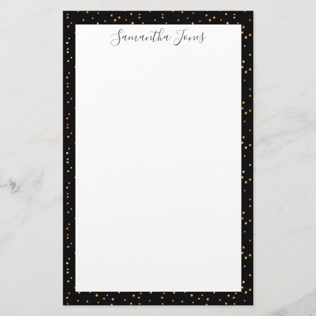 Gold Dots Black Pattern Metallic | Personalized Stationery (Front)