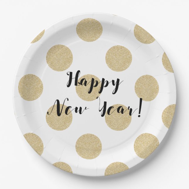 Gold Dots Black & White Modern New Years Eve Paper Plates (Front)