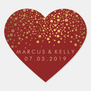 Gold Dots Confetti on Maroon Wedding Heart Sticker