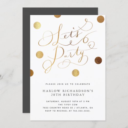 Gold Dots Lets Party Adult Birthday Invitation