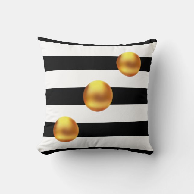 Gold Dots on Black and White Striped Throw Pillow (Front)