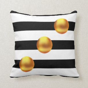 Gold Dots on Black and White Striped Throw Pillow