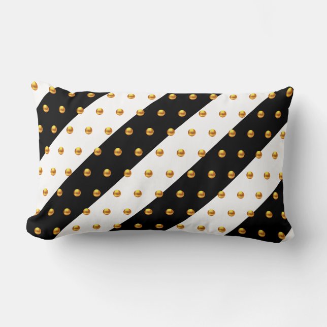 Gold Dots on Black & White Striped Lumbar Pillow (Front)