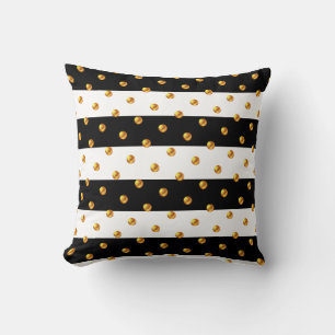 Gold Dots on Black & White Striped Throw Pillow