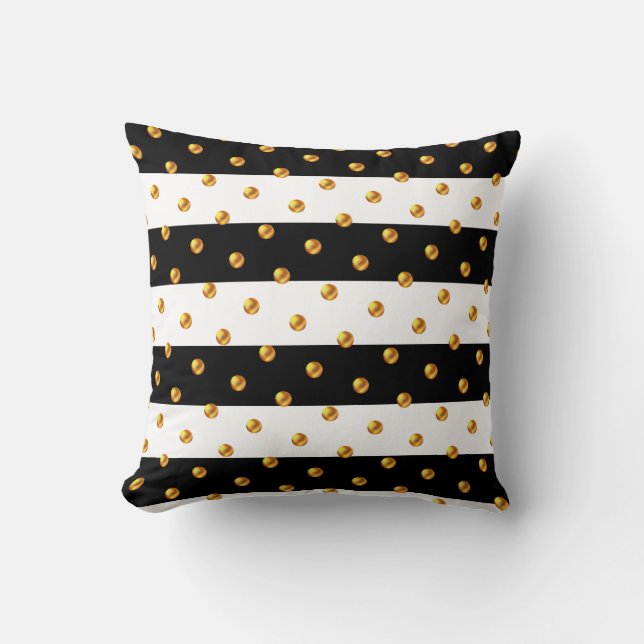 Gold Dots on Black & White Striped Throw Pillow (Front)