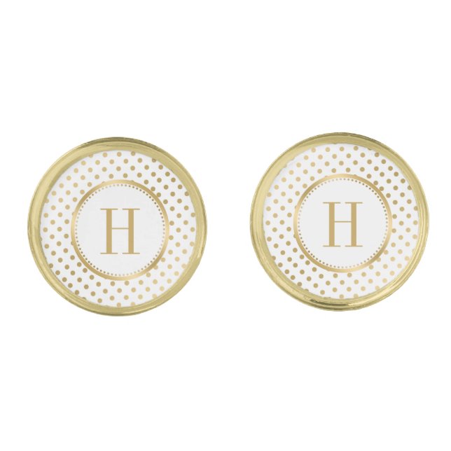 Gold Dots On White Custom Monogram Cufflinks (Front)