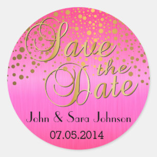 Gold Dots & Pink Personalize Wedding Classic Round Sticker
