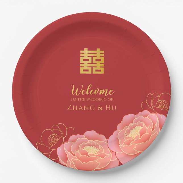 Gold Double Happiness Chinese Wedding Paper Plates (Front)