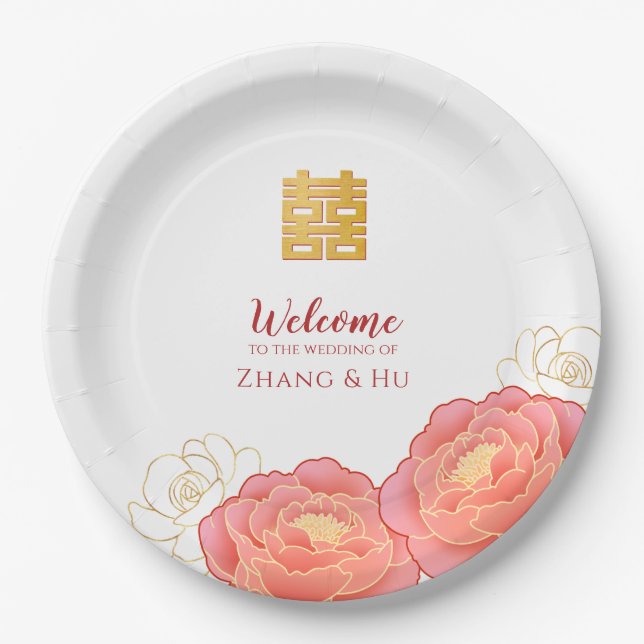 Gold Double Happiness Chinese Wedding Paper Plates (Front)