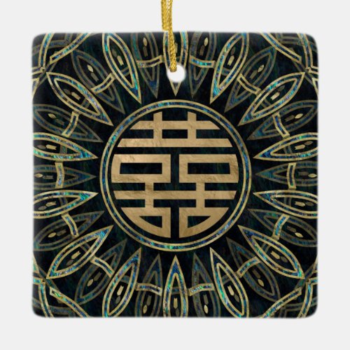 Gold Double Happiness Symbol Gold and Abalone Ceramic Ornament