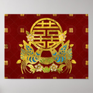 Gold Double Happiness Symbol with birds Poster