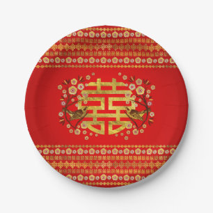 Gold Double Happiness Symbol with flowers and bird Paper Plates