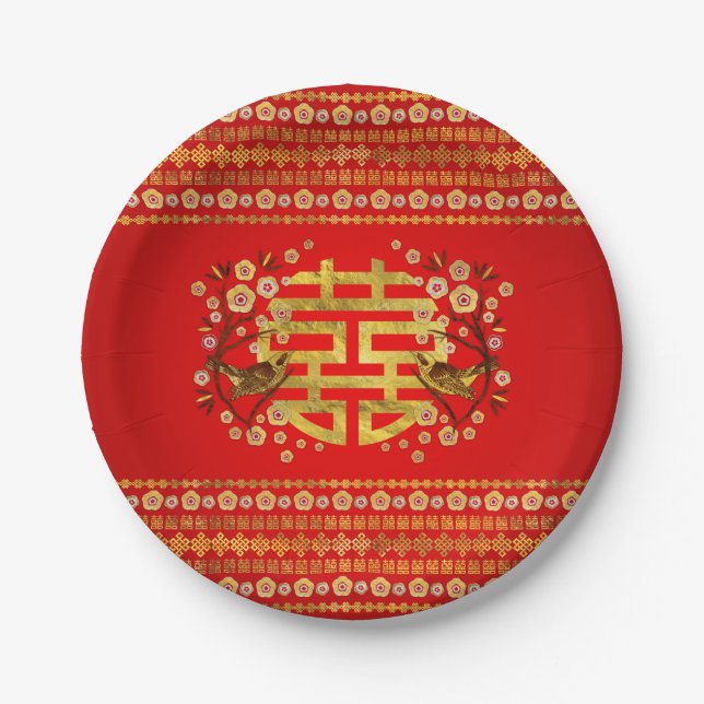 Gold Double Happiness Symbol with flowers and bird Paper Plates (Front)