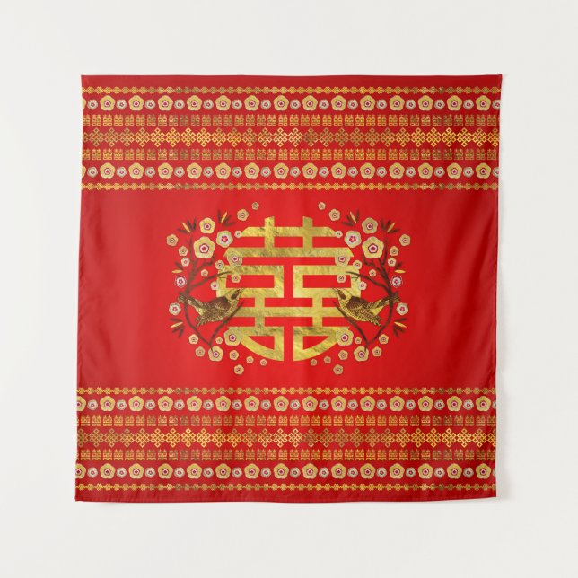 Gold Double Happiness Symbol with flowers and bird Tapestry (Front)