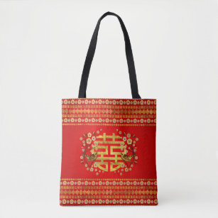 Gold Double Happiness Symbol with flowers and bird Tote Bag