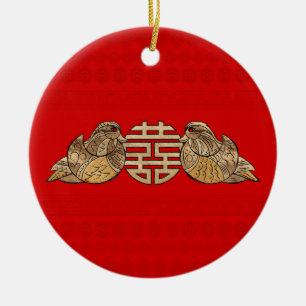 Gold Double Happiness Symbol with Mandarin Ducks Ceramic Ornament