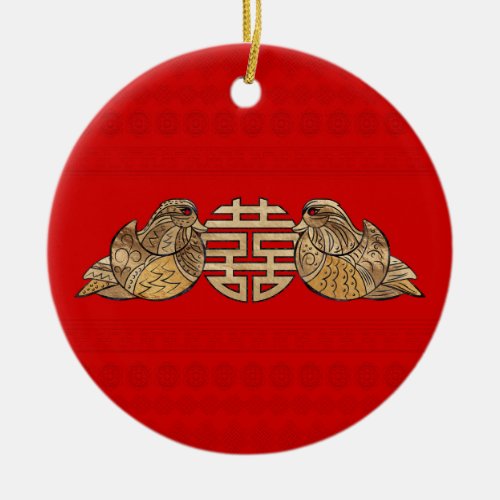 Gold Double Happiness Symbol with Mandarin Ducks Ceramic Ornament