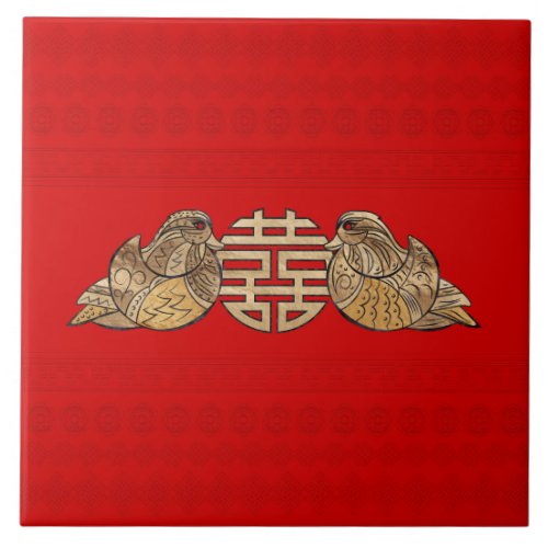 Gold Double Happiness Symbol with Mandarin Ducks Ceramic Tile