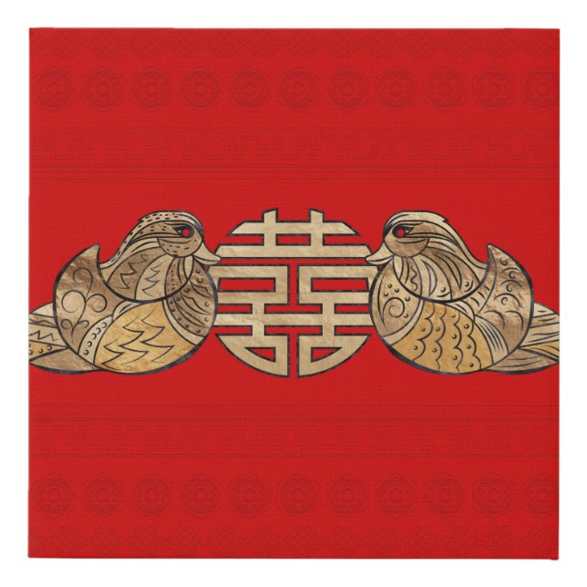 Gold Double Happiness Symbol with Mandarin Ducks Faux Canvas Print (Front)