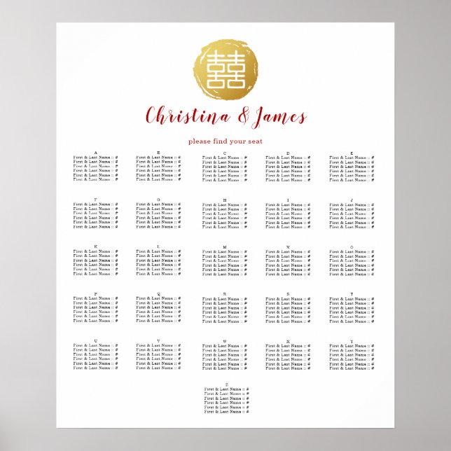 Gold Double Happiness Wedding Seating Chart (Front)