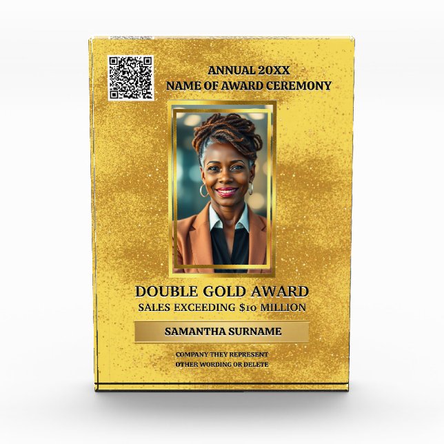 Gold double photo frame template achievement merit acrylic award (Front)