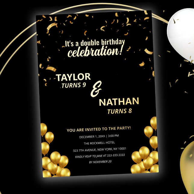 Gold Double Two Kids Birthday Party Celebration Foil Invitation (Creator Uploaded)