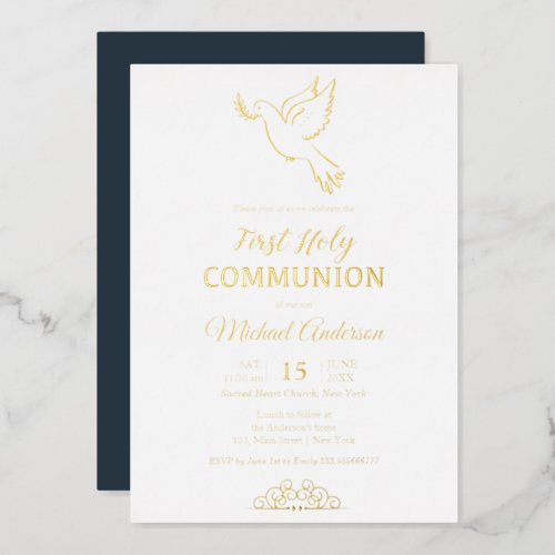 Gold Dove elegant Communion Foil Invitation