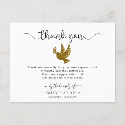 Gold Dove Elegant Funeral Thank You Card