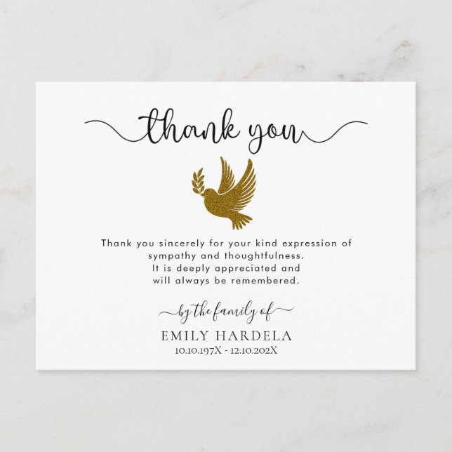 Gold Dove Elegant Funeral Thank You Card (Front)