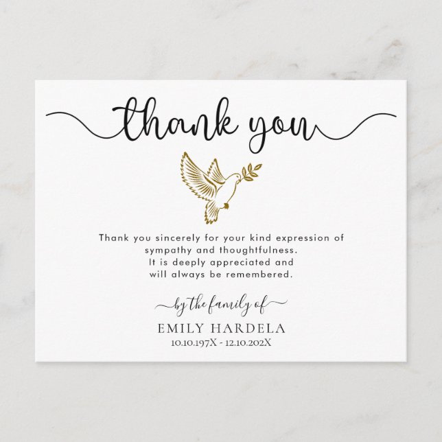 Gold Dove Funeral Simple Script Thank You Card (Front)
