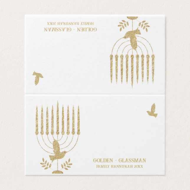 Gold Dove Menorah Hannukah Place Seating Card (Outside Unfolded)