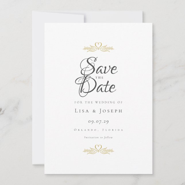 Gold Doves and Heart Elegant Script Save The Date (Front)