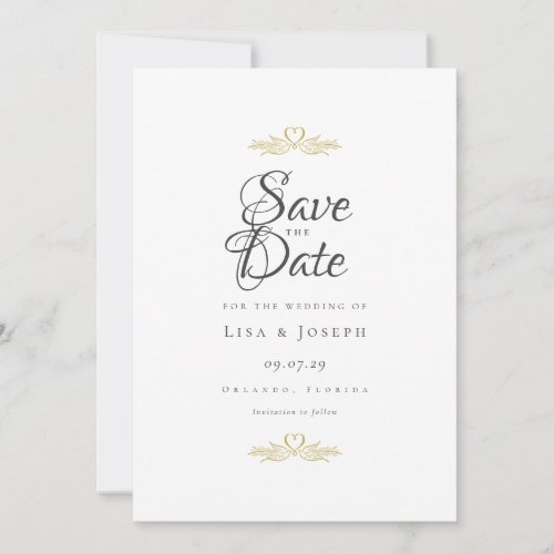 Gold Doves and Heart Elegant Script Save The Date