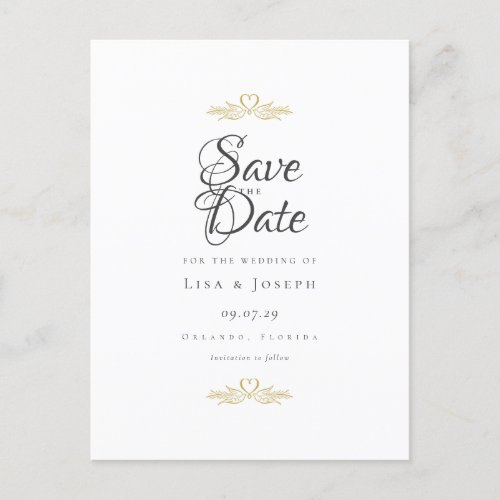 Gold Doves and Heart Elegant Script Save the Date Announcement Postcard