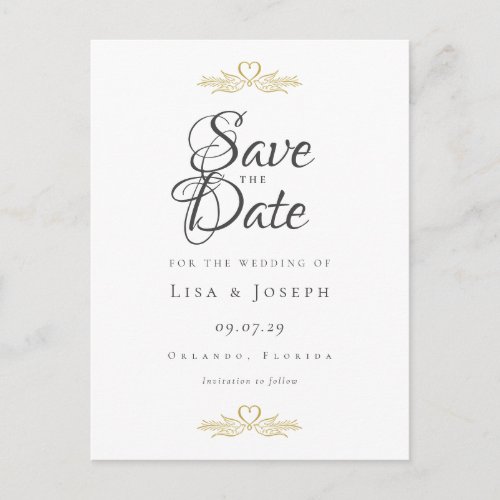 Gold Doves and Heart Elegant Script Save the Date Postcard
