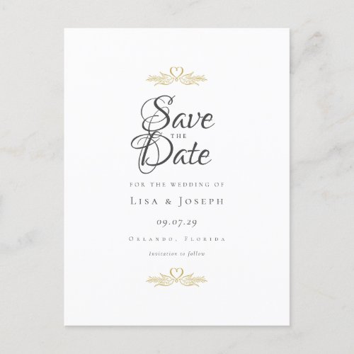 Gold Doves and Heart Elegant Script Save the Date Postcard