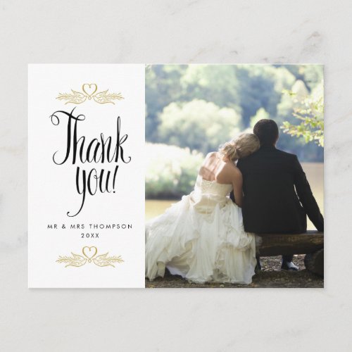Gold Doves and Hearts Wedding Photo Thank You Postcard