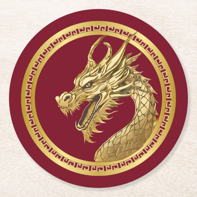 Gold Dragon-2024 Chinese New Years-Red and Gold- Round Paper Coaster (Front)